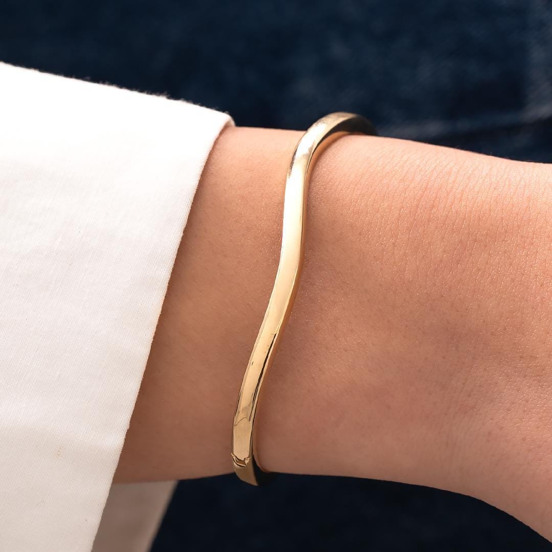 14k Gold Wave Cuff Bracelet: Minimalist Open Bangle