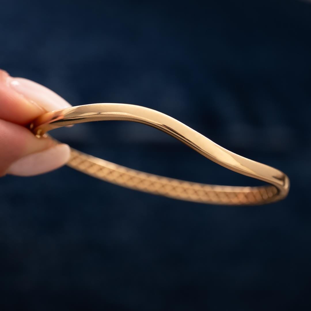14k Gold Wave Cuff Bracelet: Minimalist Open Bangle