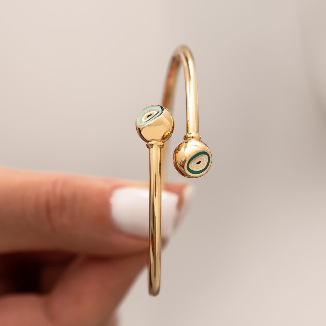 14 Carat Gold Blue Enamel Fortuna Cuff Bracelet