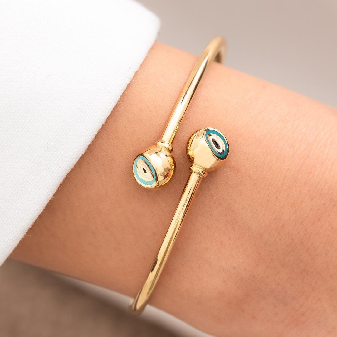 14 Carat Gold Blue Enamel Fortuna Cuff Bracelet