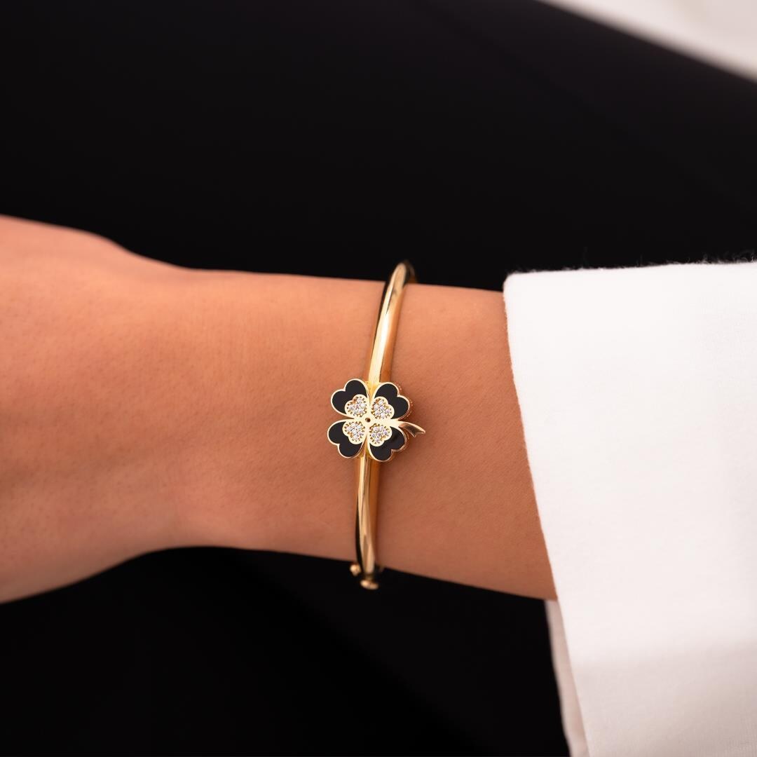 Black Enameled Clover 14 Carat Gold Cuff Bracelet
