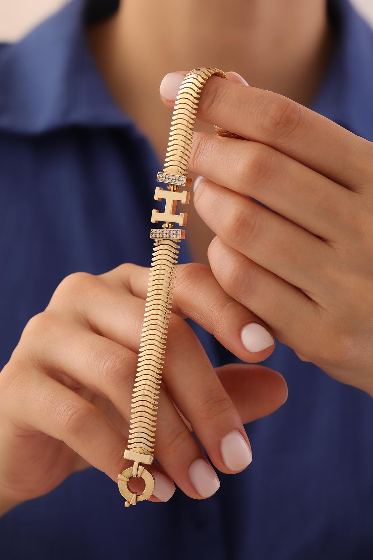 14k Gold Thick Herringbone Letter Bracelet