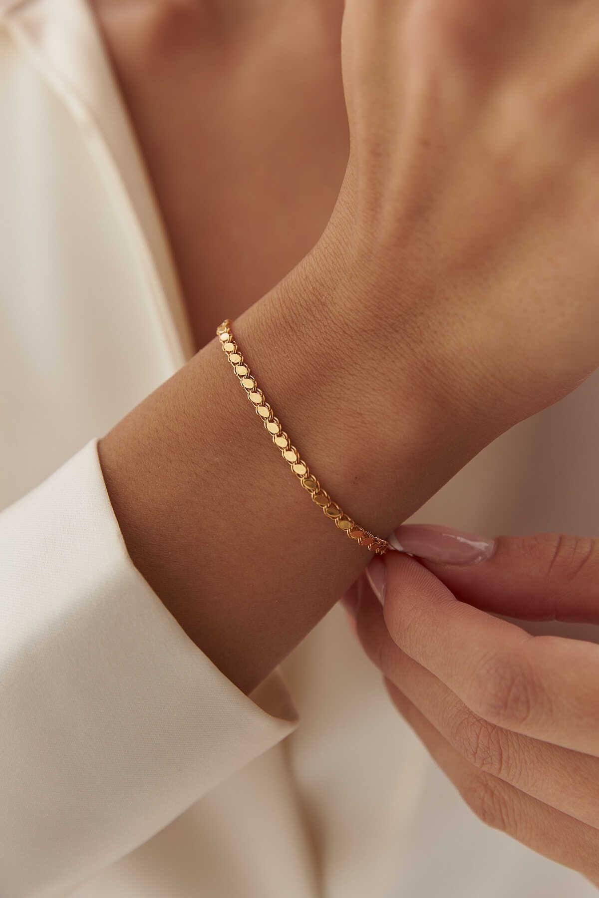 14K Solid Gold Sequin Chain Bracelet: Elegant Sparkle Anklet