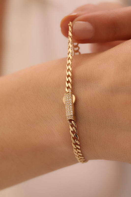 14k Gold Stone-Set Curb Chain Bracelet - Miami Link