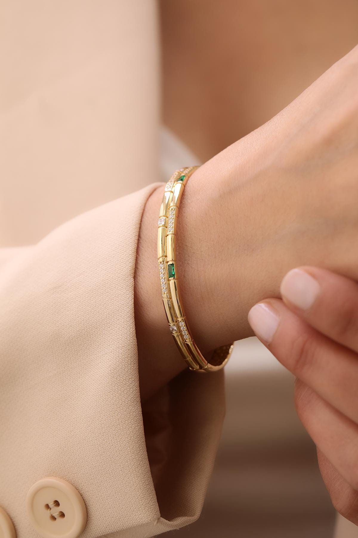 14k Double Row Semi-Stone Emerald Cuff