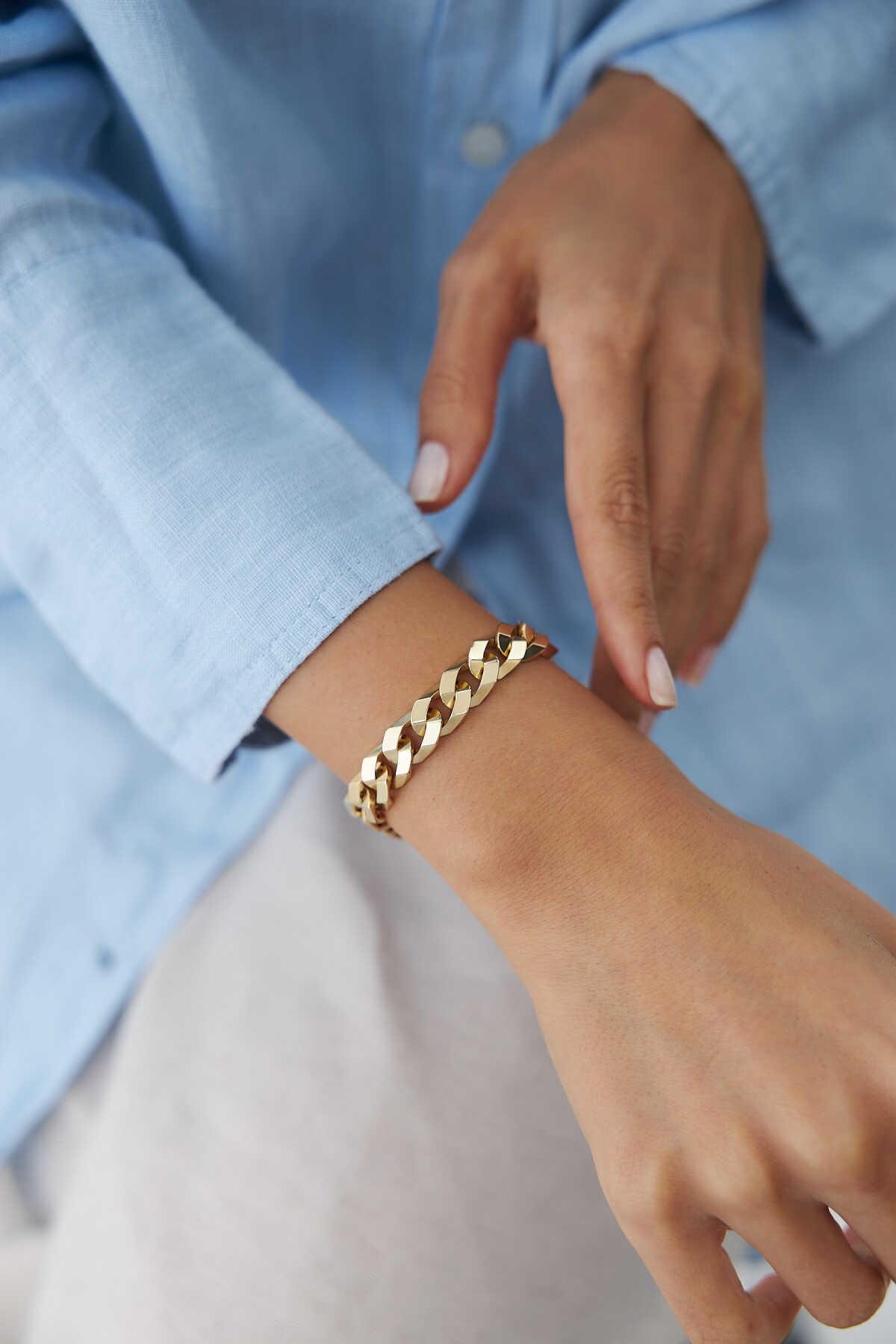 14k Gold Angled Gourmet Bracelet -Cuban Chain Bracelet - Minimalist Chain Bracelet - Gift For Her