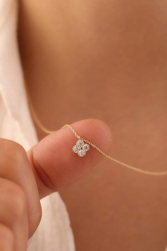 14k Gold Baguette Stone Flower Necklace