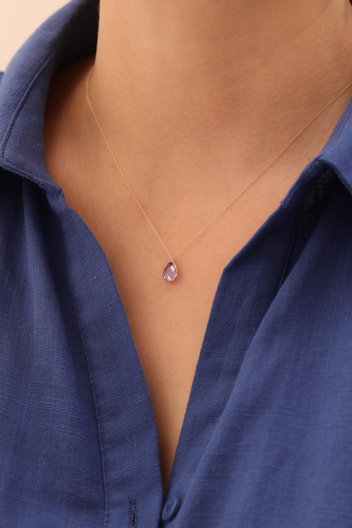14k Gold Amethyst Stone Necklace