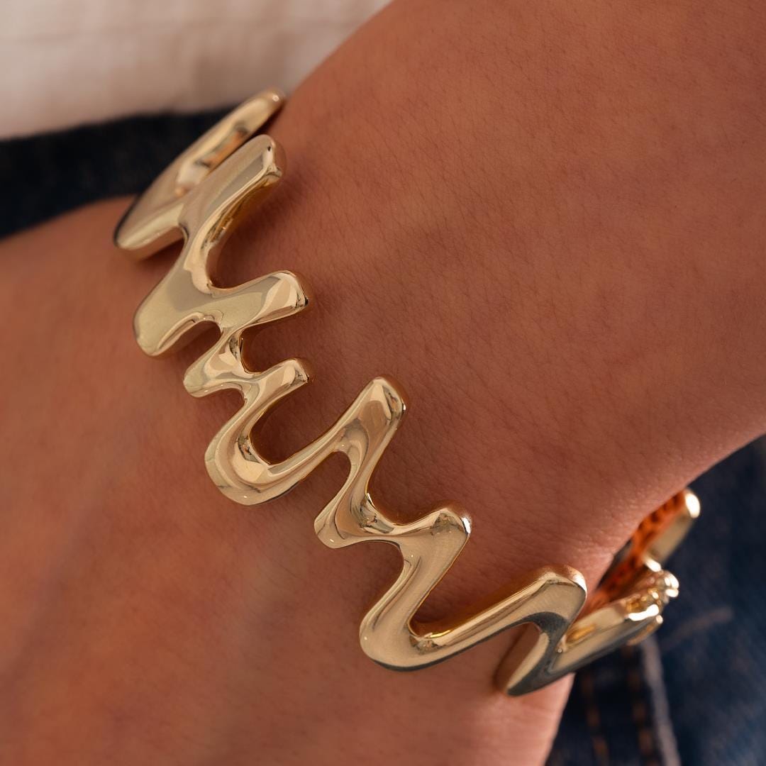 14K Gold Zig Zag Bangle Bracelet - Modern Geometric Design