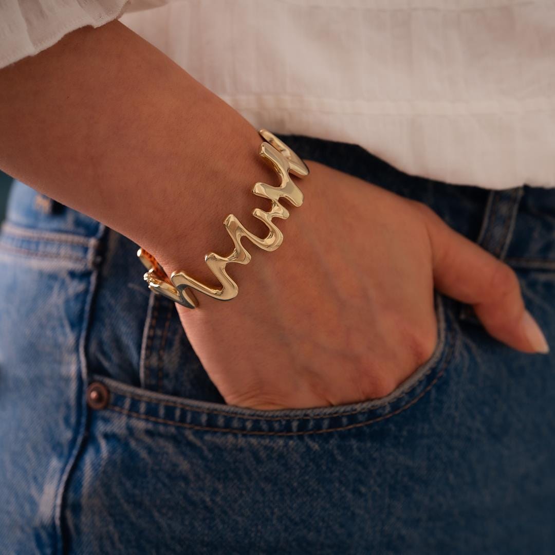 14K Gold Zig Zag Bangle Bracelet - Modern Geometric Design