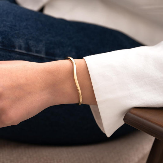 14k Gold Wave Cuff Bracelet: Minimalist Open Bangle