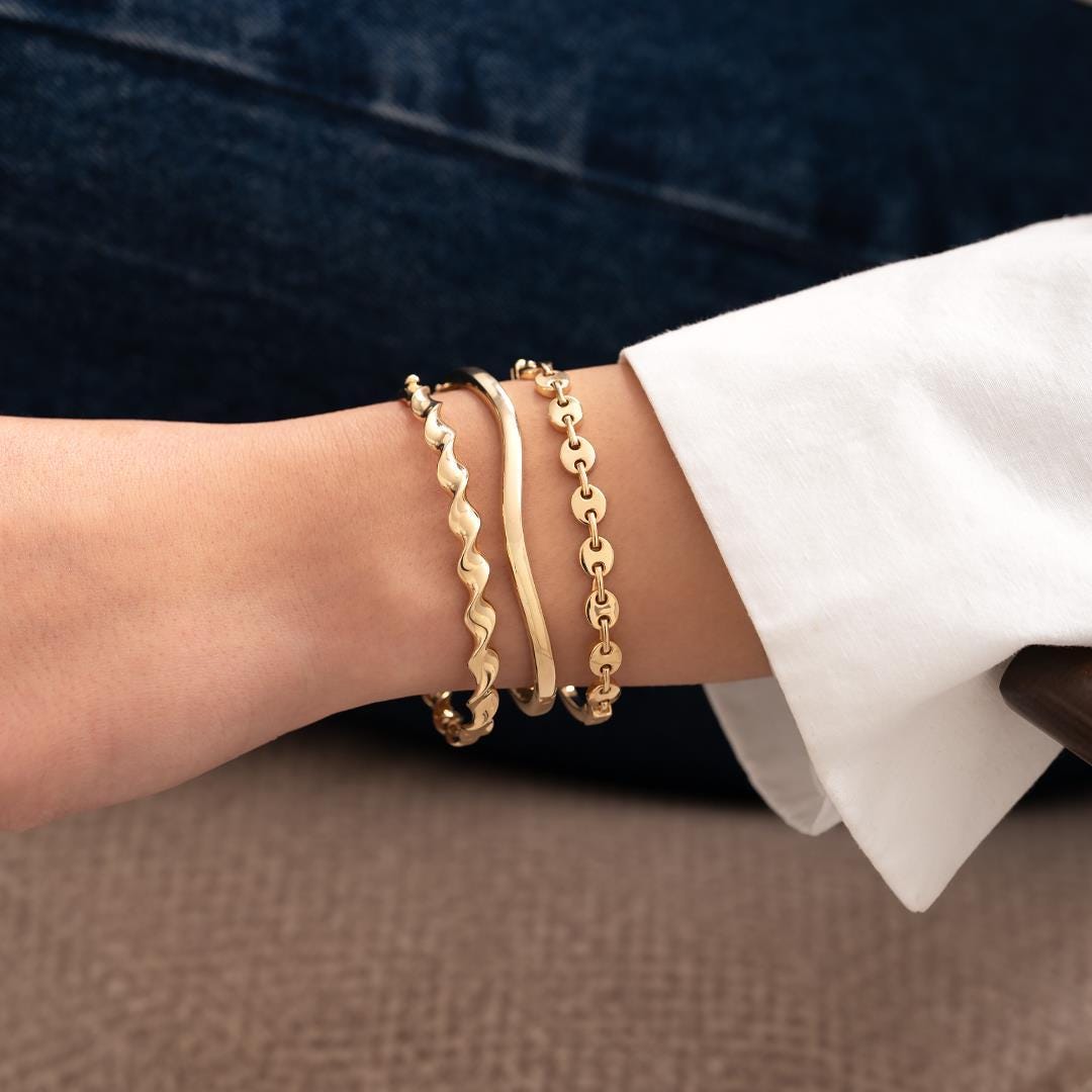 14k Gold Wave Cuff Bracelet: Minimalist Open Bangle
