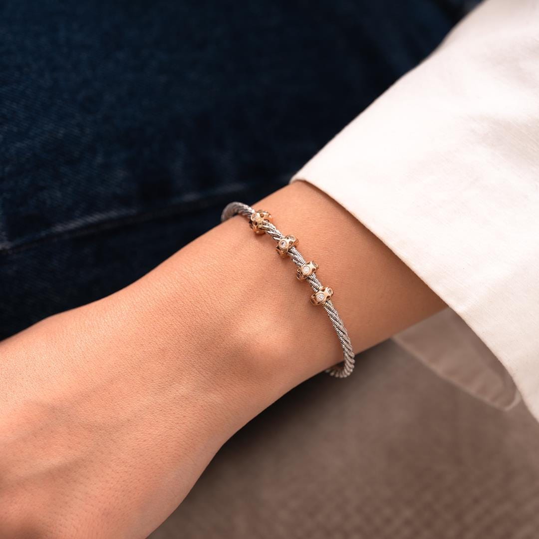 14k Gold White Rose Modern Design Bangle Bracelet