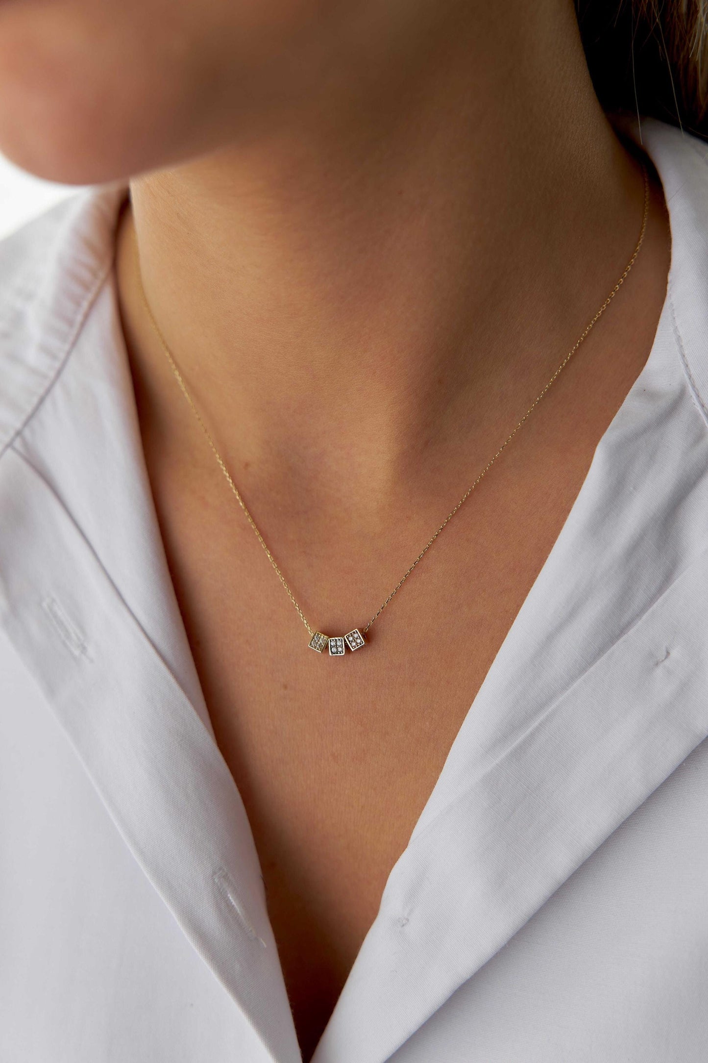 14k Gold Three Color Cube Necklace with Stones