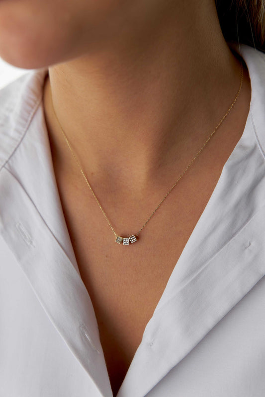 14k Gold Three Color Cube Necklace with Stones