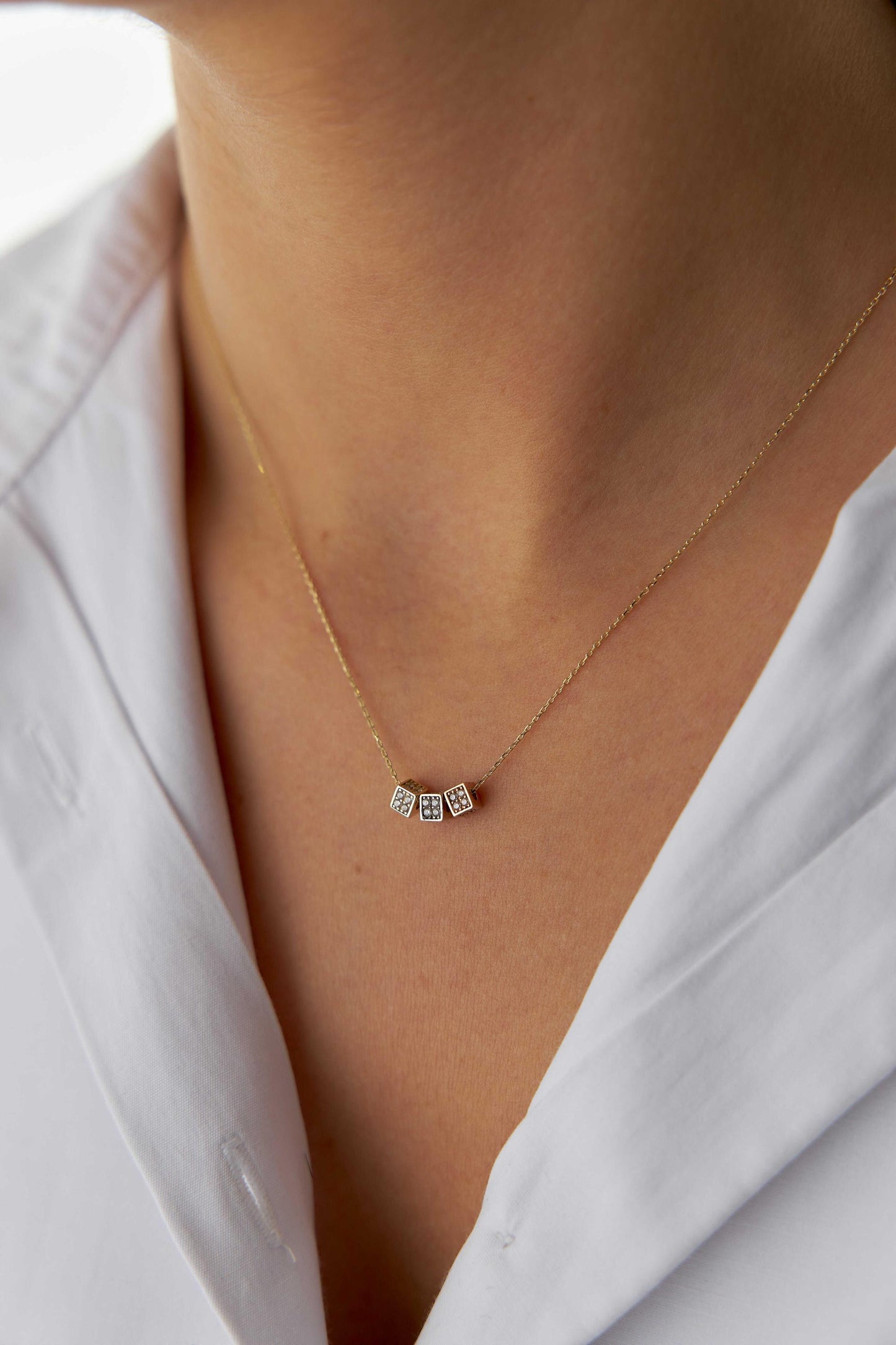 14k Gold Three Color Cube Necklace with Stones