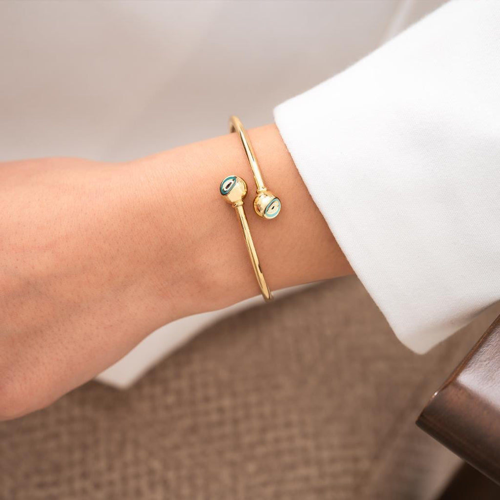 14 Carat Gold Blue Enamel Fortuna Cuff Bracelet