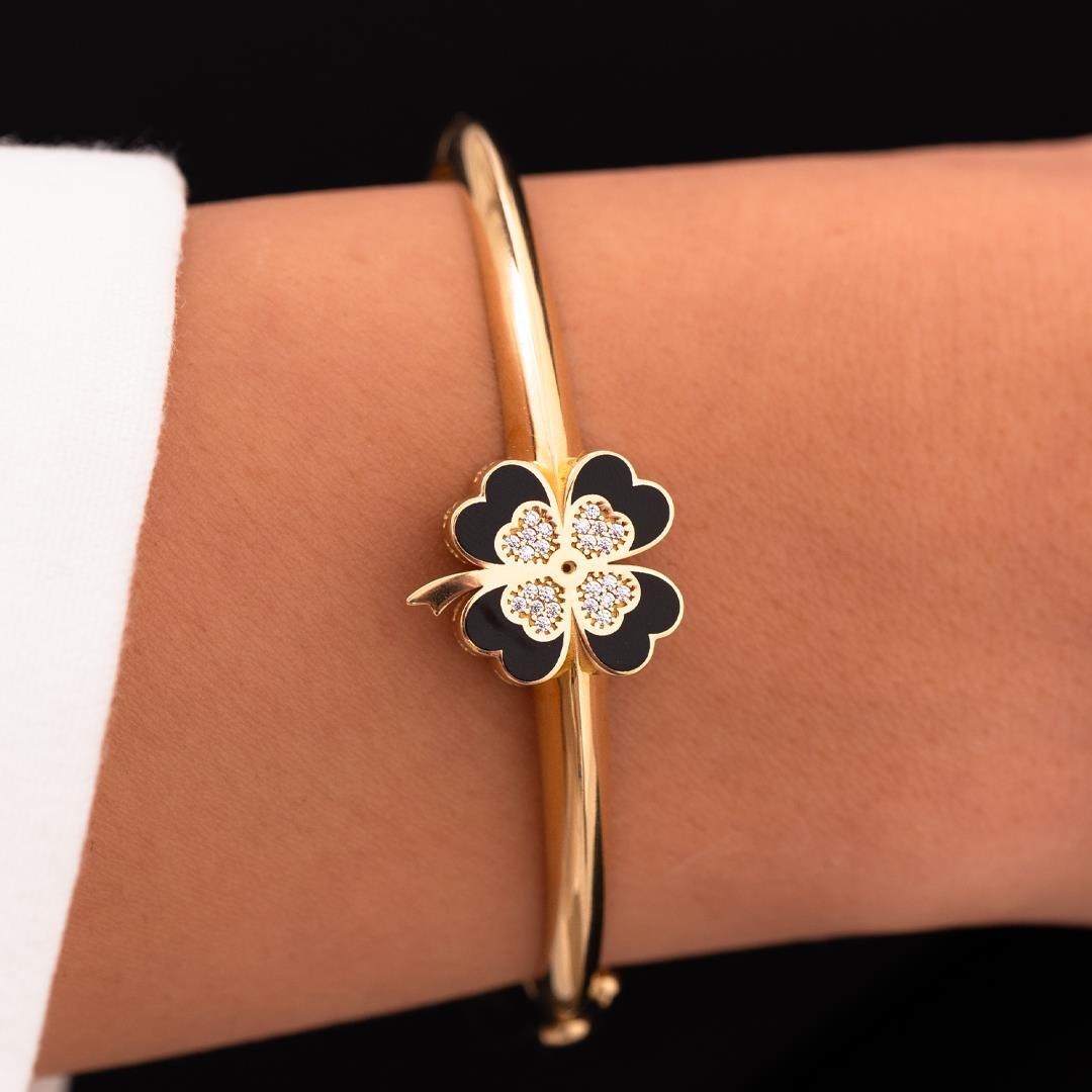 Black Enameled Clover 14 Carat Gold Cuff Bracelet