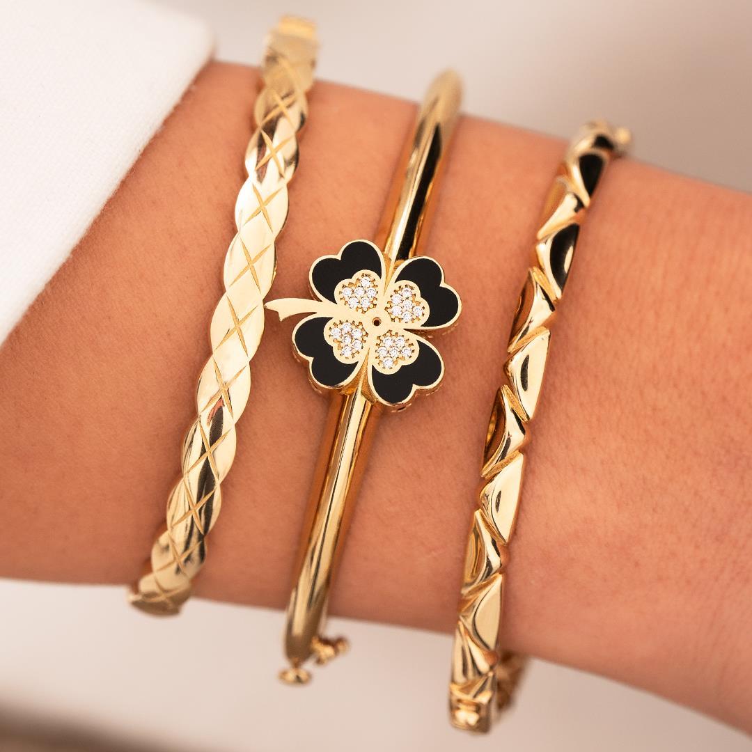 Black Enameled Clover 14 Carat Gold Cuff Bracelet