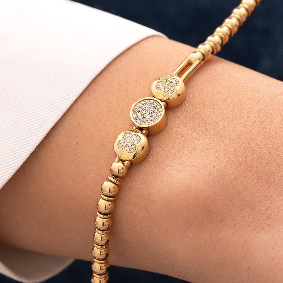 14 Carat Gold Ball Chain Clover Bracelet