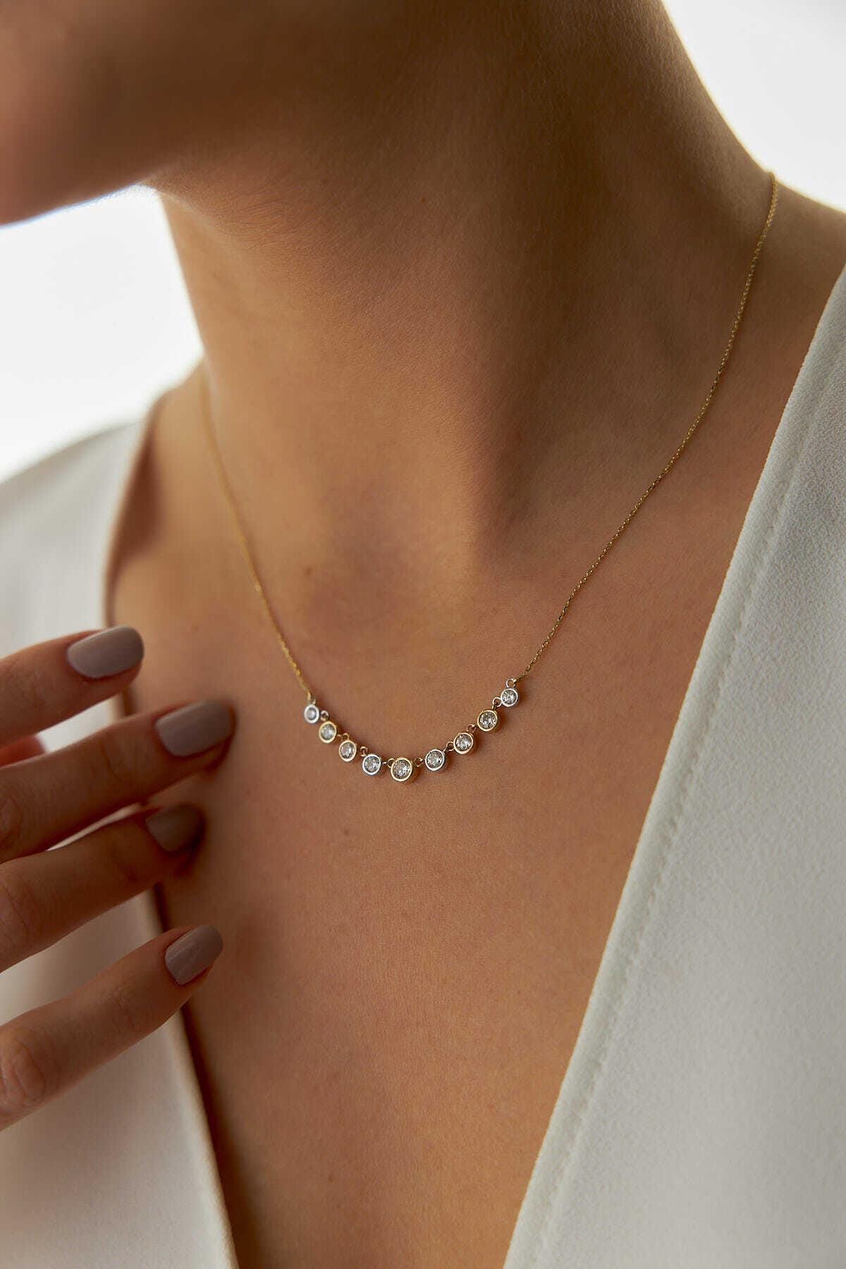 14k Gold Three Color Necklace with Sequential Stones