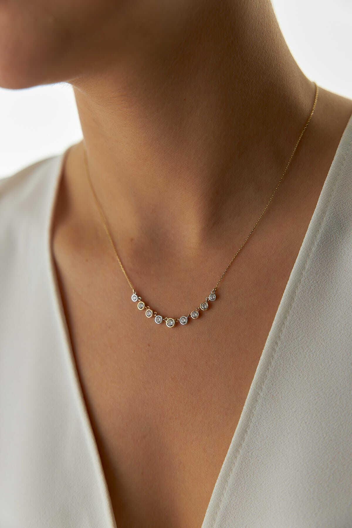 14k Gold Three Color Necklace with Sequential Stones