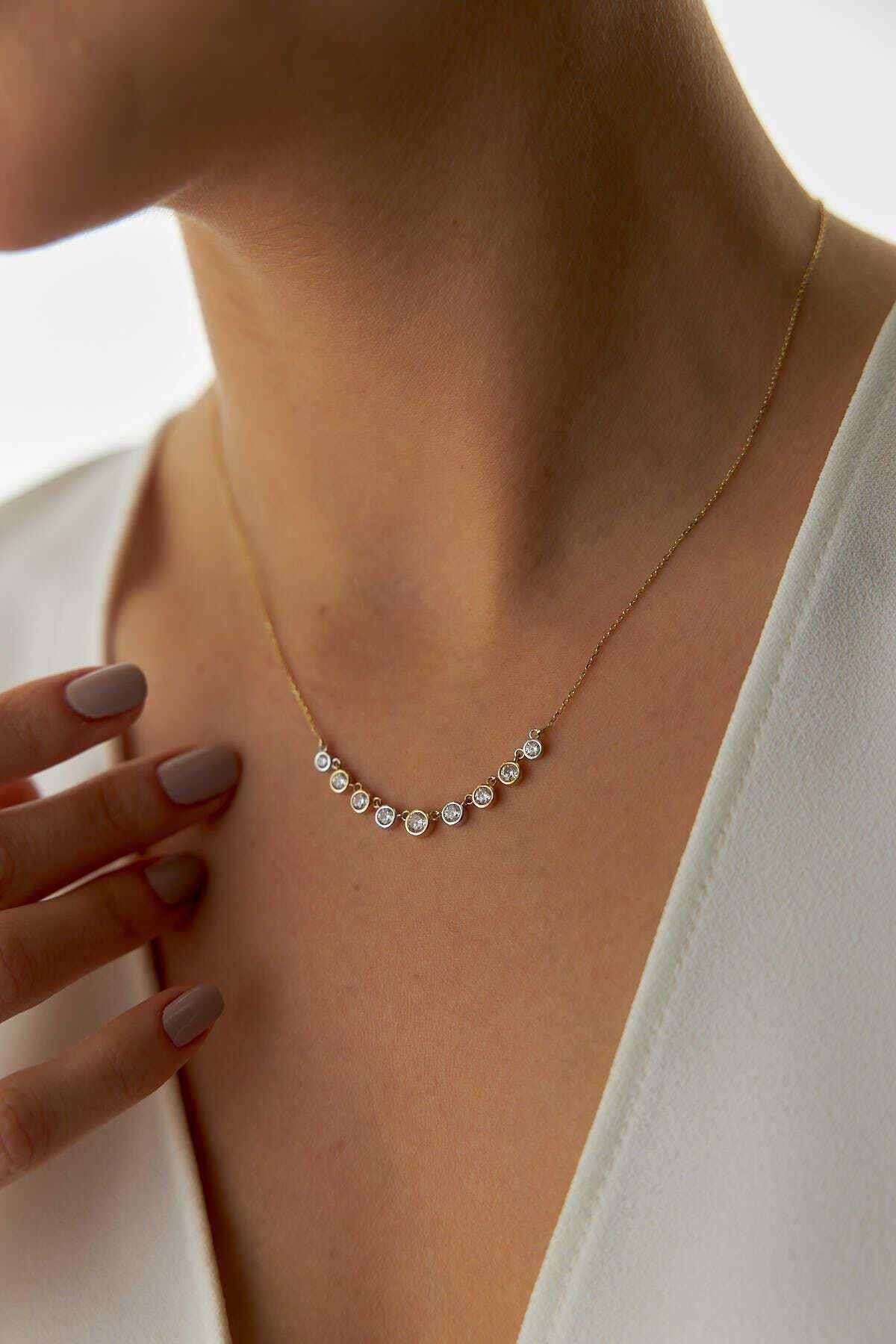 14k Gold Three Color Necklace with Sequential Stones