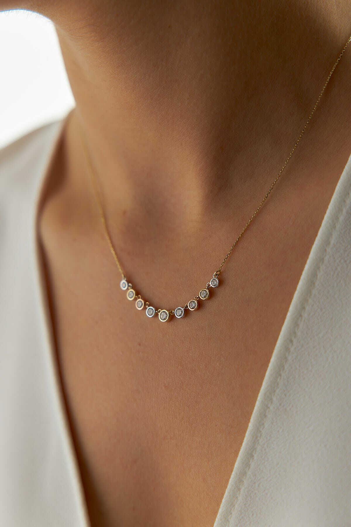 14k Gold Three Color Necklace with Sequential Stones