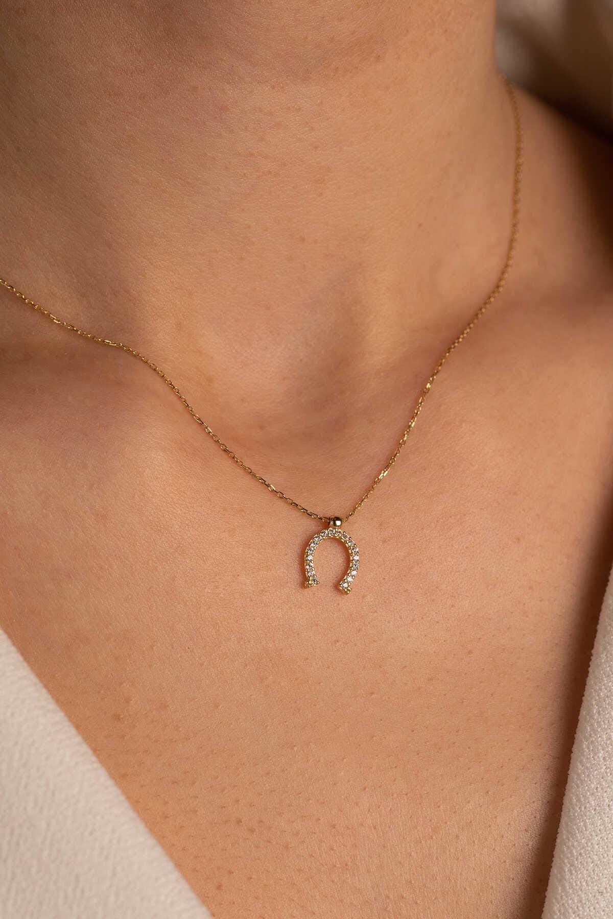 14k Gold Stone Horseshoe Necklace