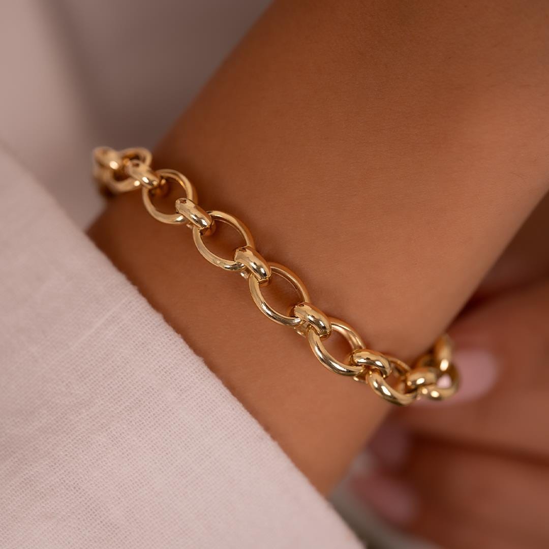 14K Gold Almond Link Bracelet - Paperclip Chain - Hoja Jewelry