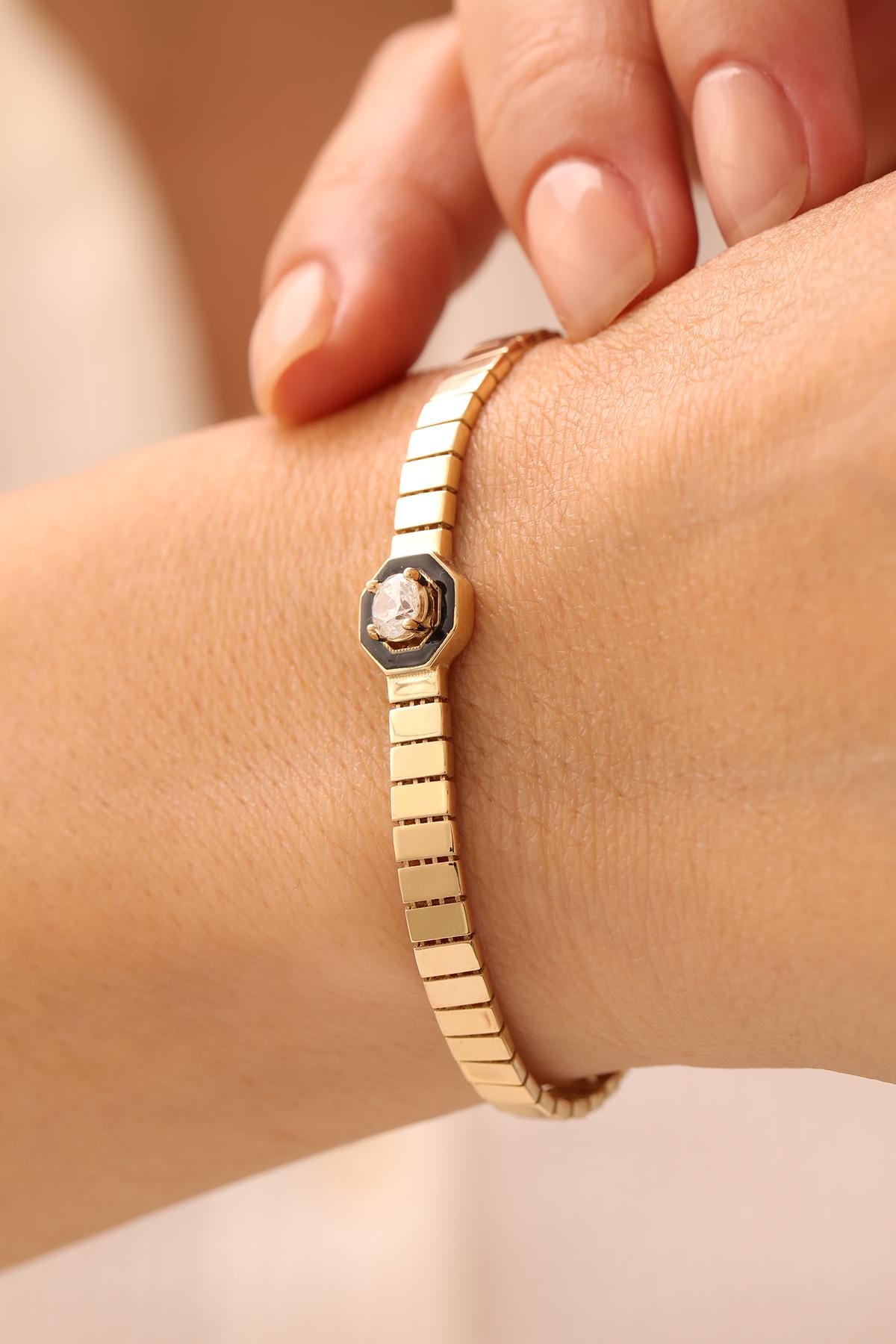 14k Solid Gold Baguette Bracelet: Geometric Rectangle Chain