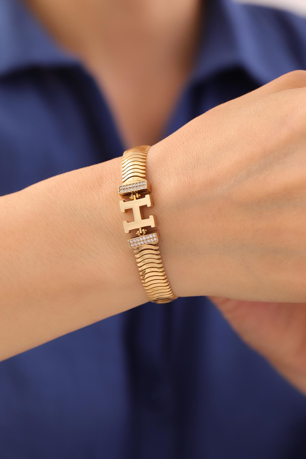 14k Gold Thick Herringbone Letter Bracelet