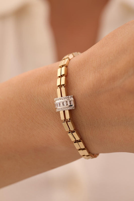 14k Gold Bullion Cylinder Baguette Stone Bracelet