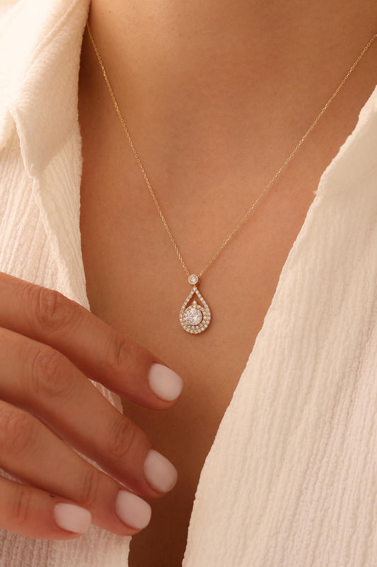 14k Gold Baguette Stone Drop  Necklace