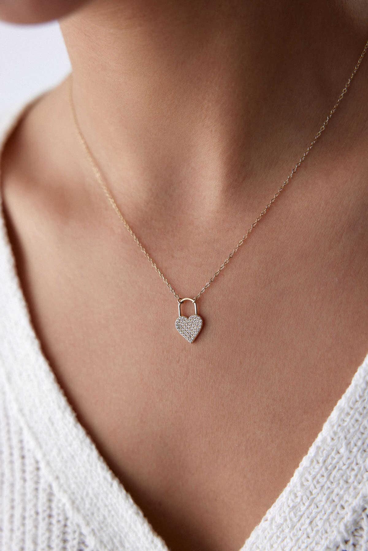 14K Gold Stone Lock Heart Necklace