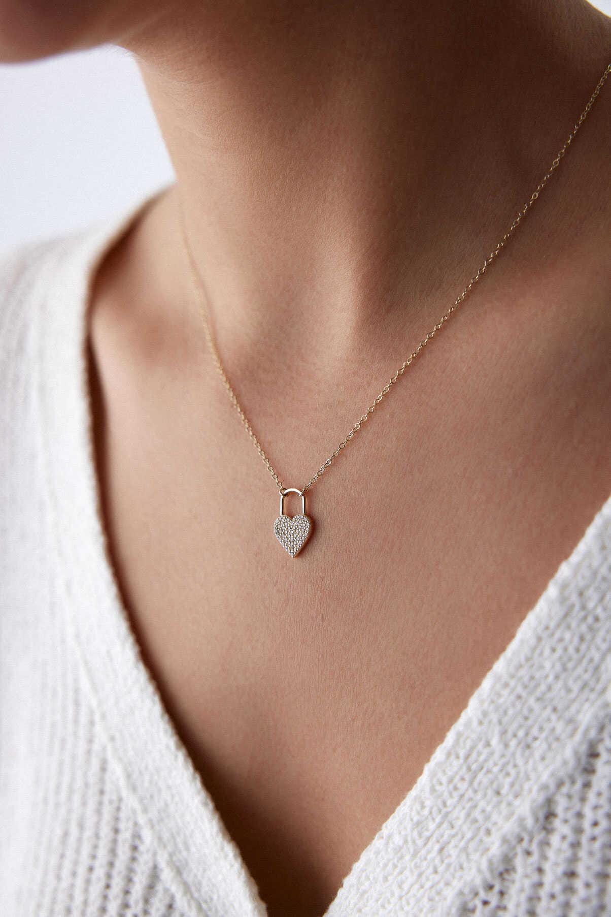 14K Gold Stone Lock Heart Necklace