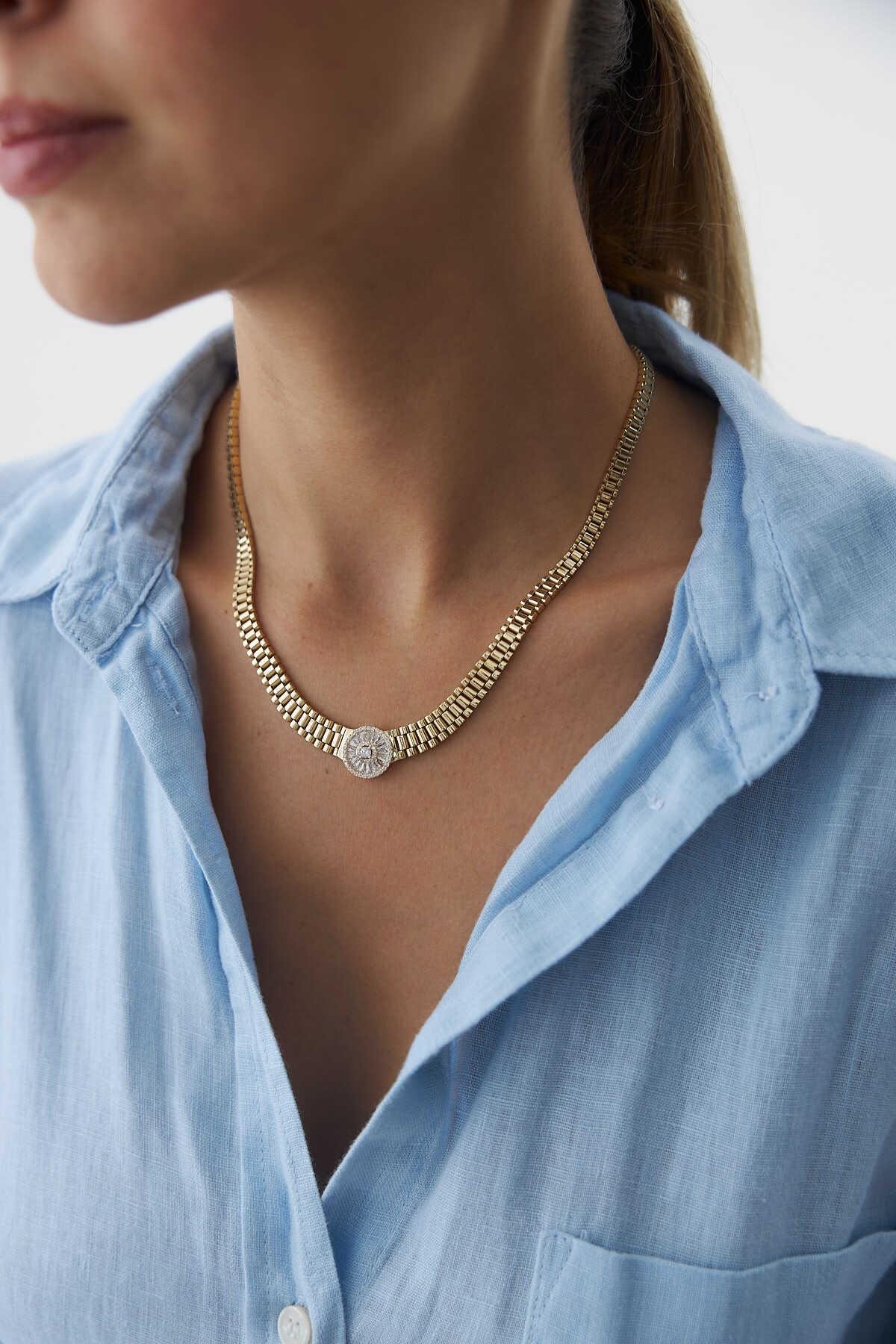 14k Gold Trapezoid Baguette Cord Necklace