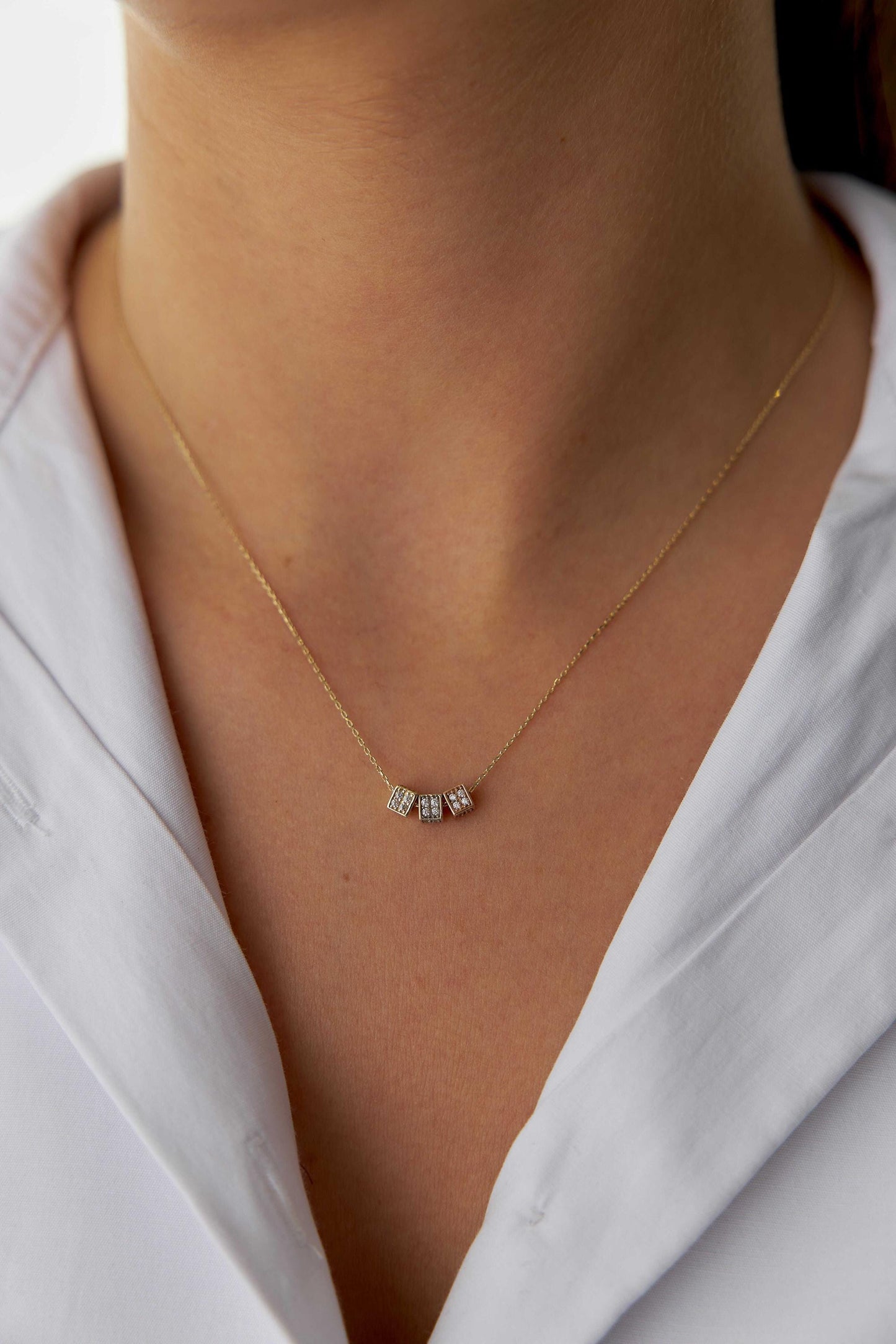14k Gold Three Color Cube Necklace with Stones